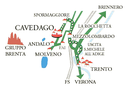 La posizione di Cavedago fra Trento e l’altopiano